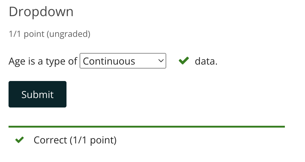 The in-line sentence being marked as correct. Visually, the "green check" for correctness shows up directly after the dropdown box, before the completion of the sentence.