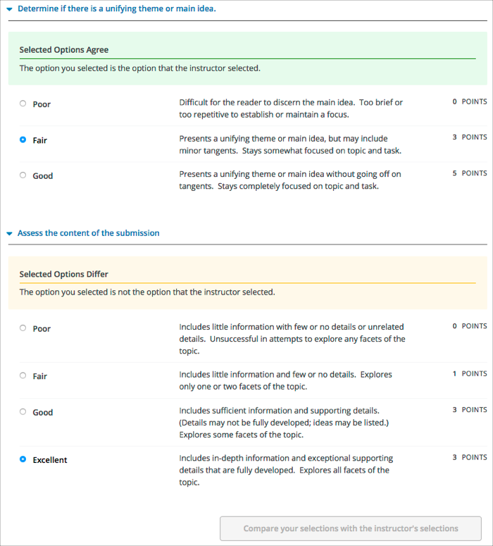 Example training step with one grade that matched and another grade that did not match the grade that the course team gave.