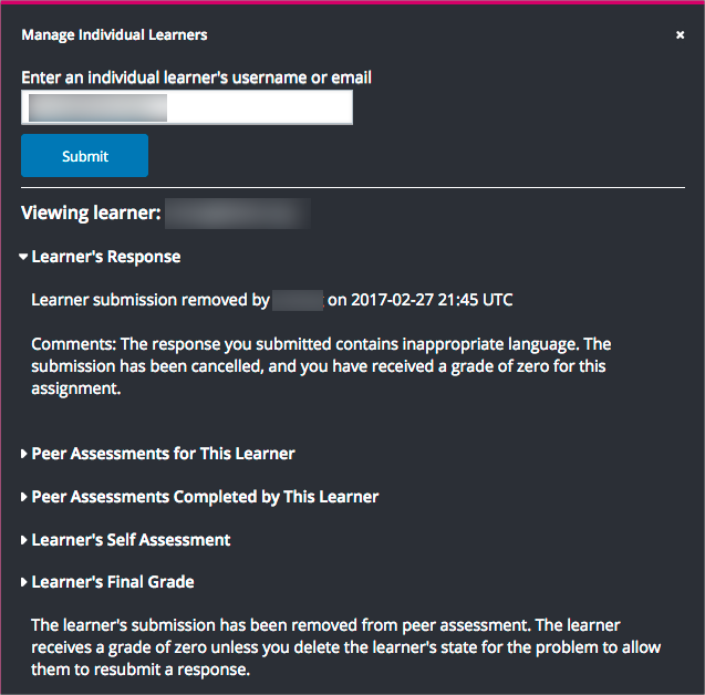 In Manage Individual Learners, the date, time and comment for removal of a learner response is shown instead of the original response.