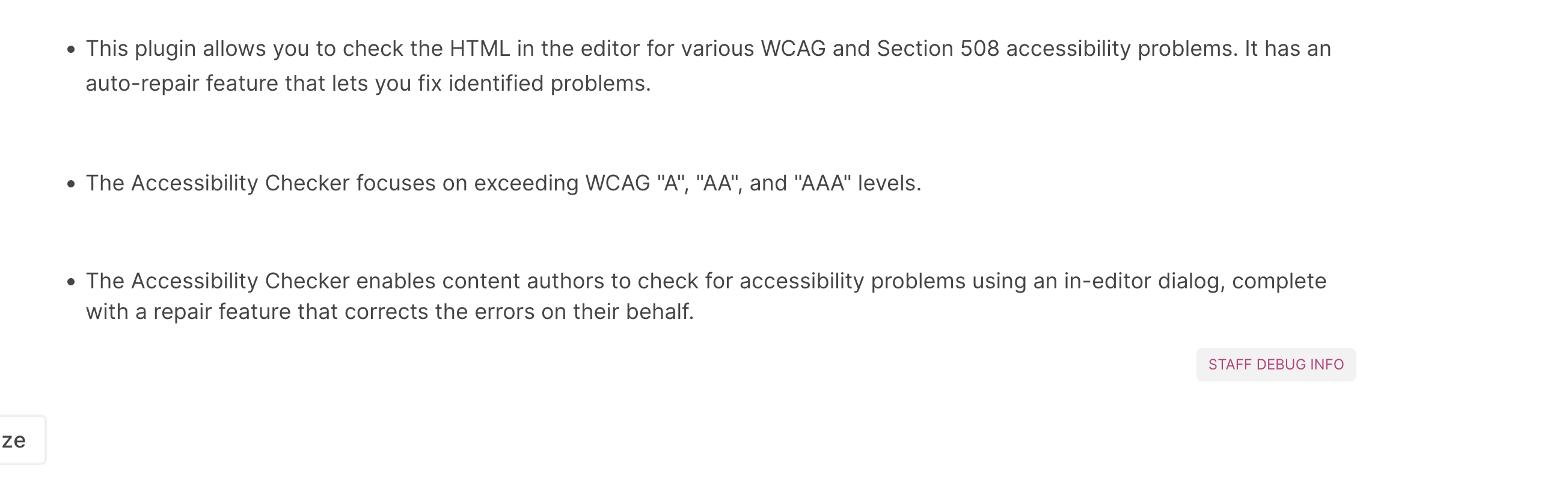 an image of a bulleted list in LMS in which you have chosen to “remove formatting” when you were in the editor. The bullets and text are correctly aligned.