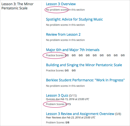 List of graded sections in the order that they occur in the course, showing earned and possible points for each graded problem.