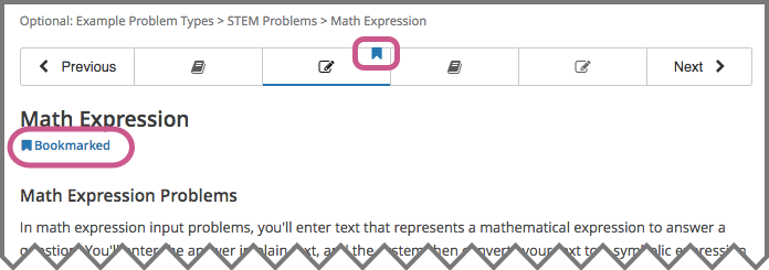 A course page showing "Bookmarked" and a bookmark icon in the unit navigation bar.