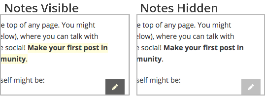 Two page excerpts side by side, the image on the right showing notes visible, and the image on the left showing notes hidden.