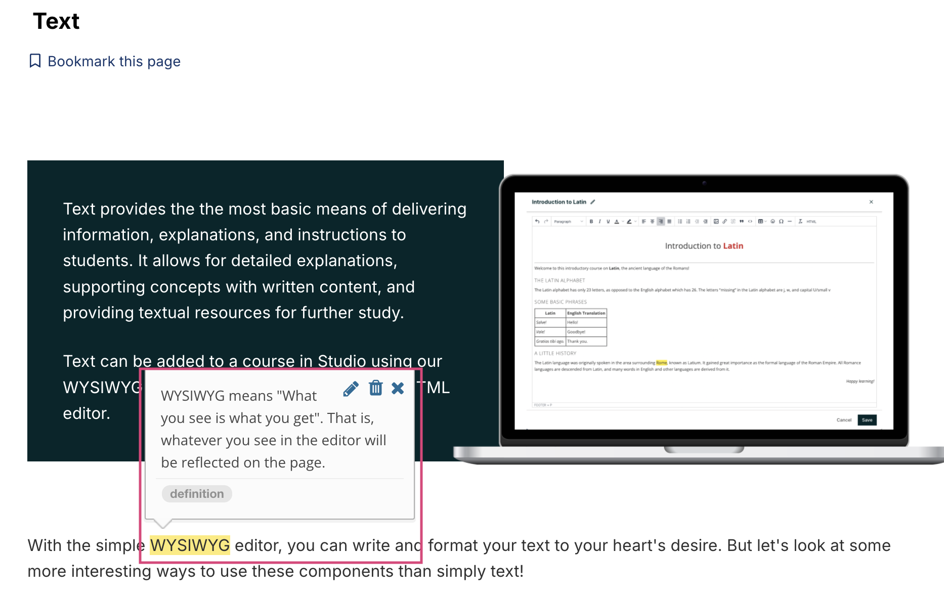 Image of a course page that includes highlighted text and a note.