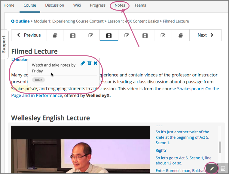 Page of course content that includes the Notes page at the top, highlighted text with an accompanying note, and the pencil icon in the lower right corner.