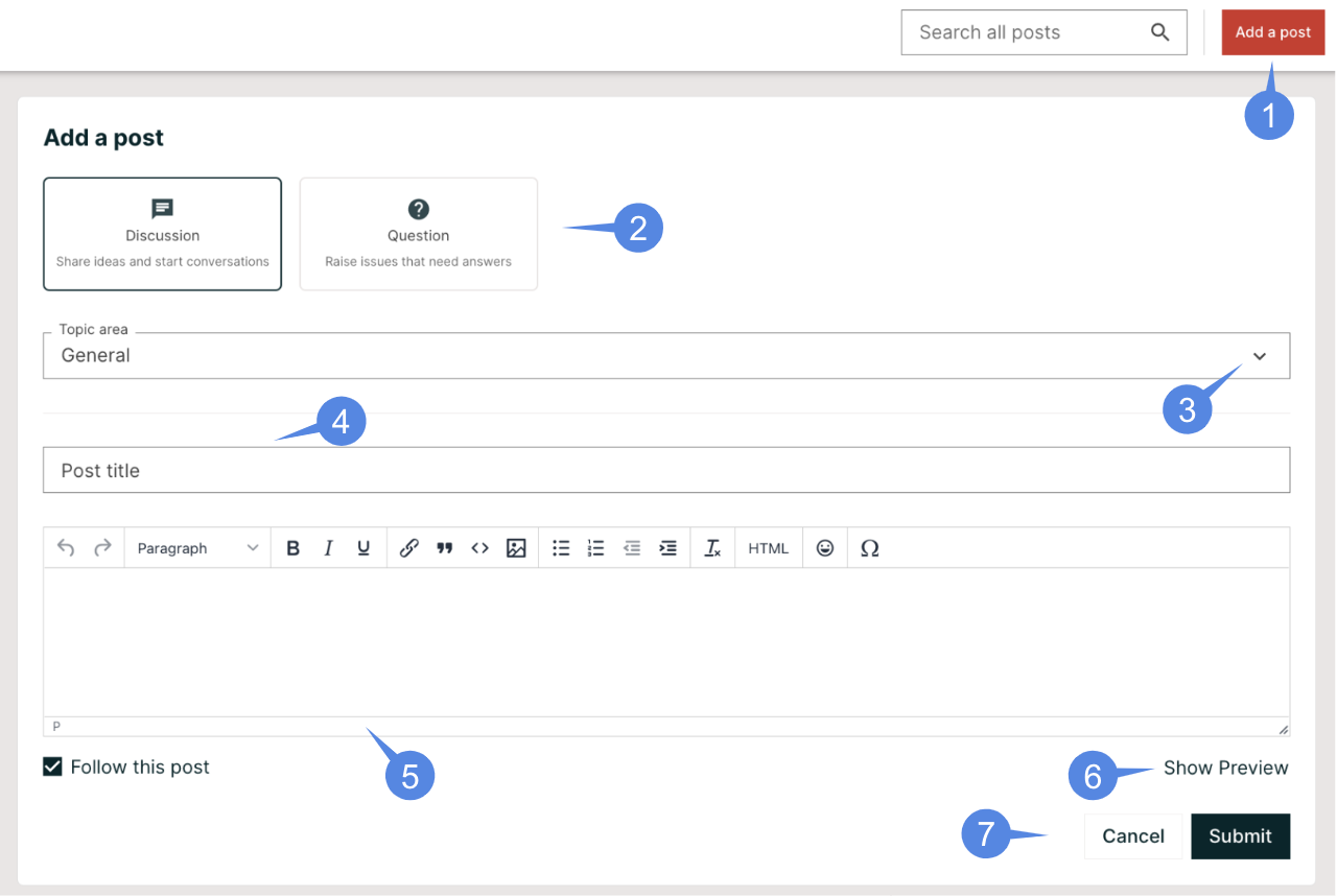identify different elements of post creation section.