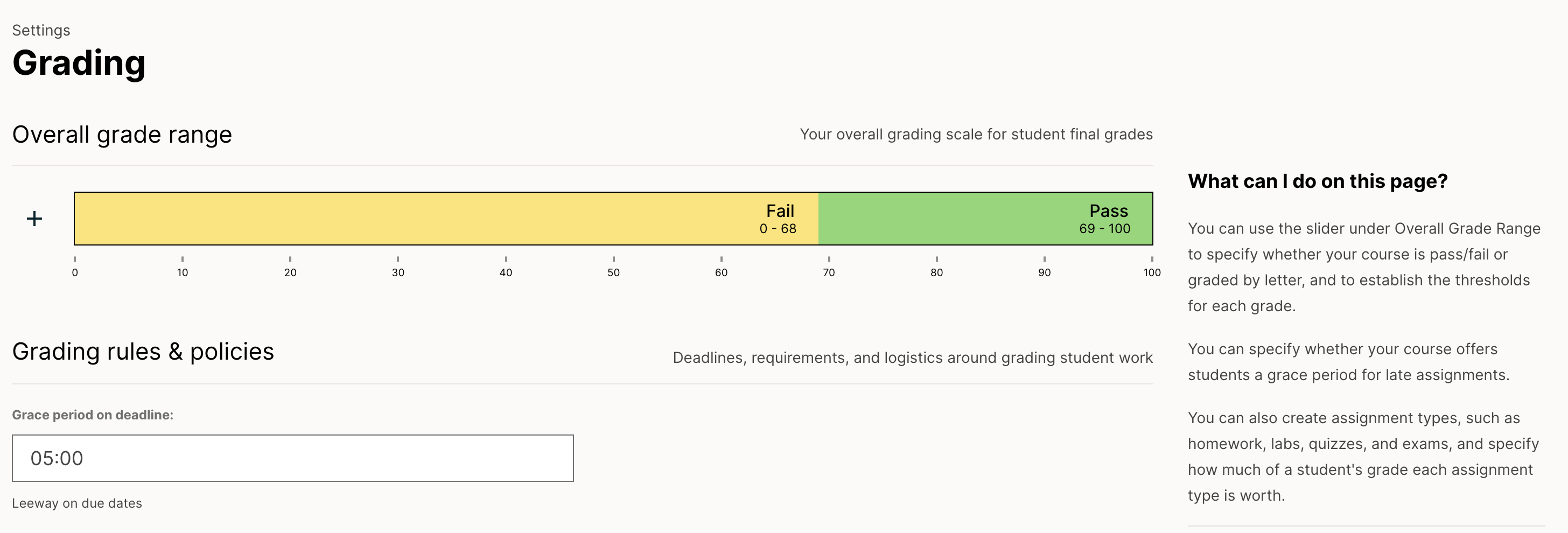 An image of the top part of the Grading page in which you can see the range for grades and set the grace period.