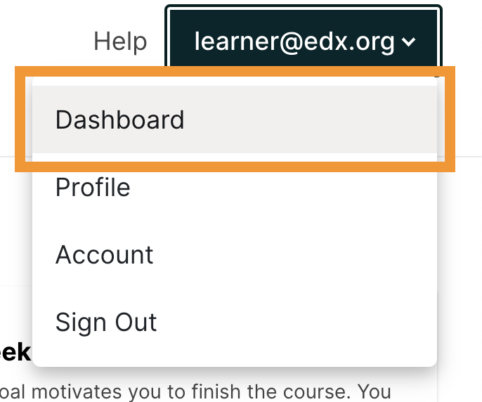 The menu that appears on the website when you select the dropdown icon next to your username. The Dashboard option is circled, and the other options are Profile, Account, and Sign Out.