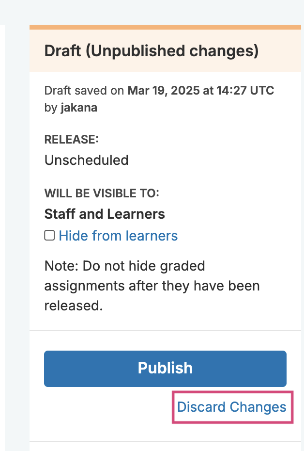 The Course Outline page the publish option highlighted for a unit.