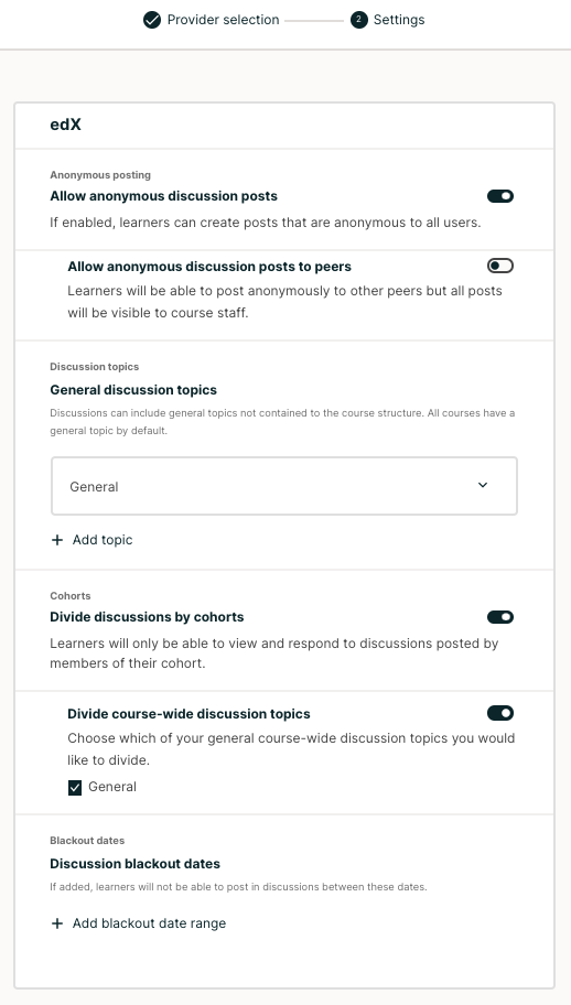 Appearance of Open edX discussions configurations page.
