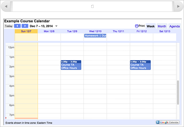 A Google calendar in a course.