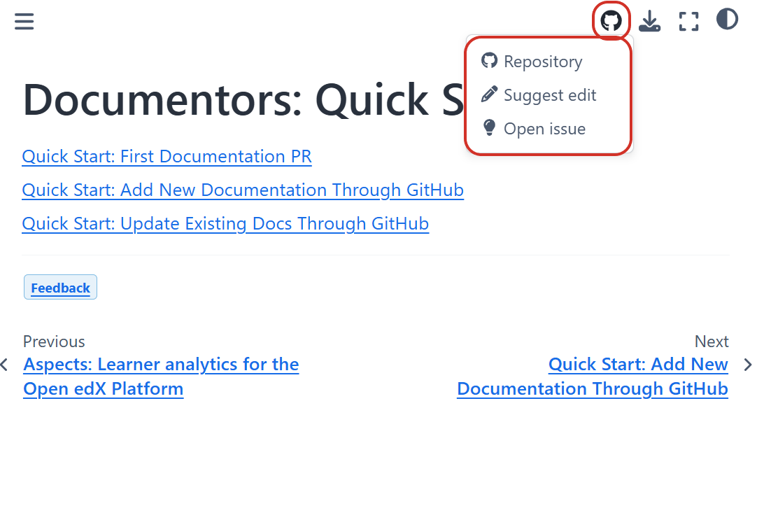 This image example shows how to access the GitHub repository from the Open edX documentation repository.