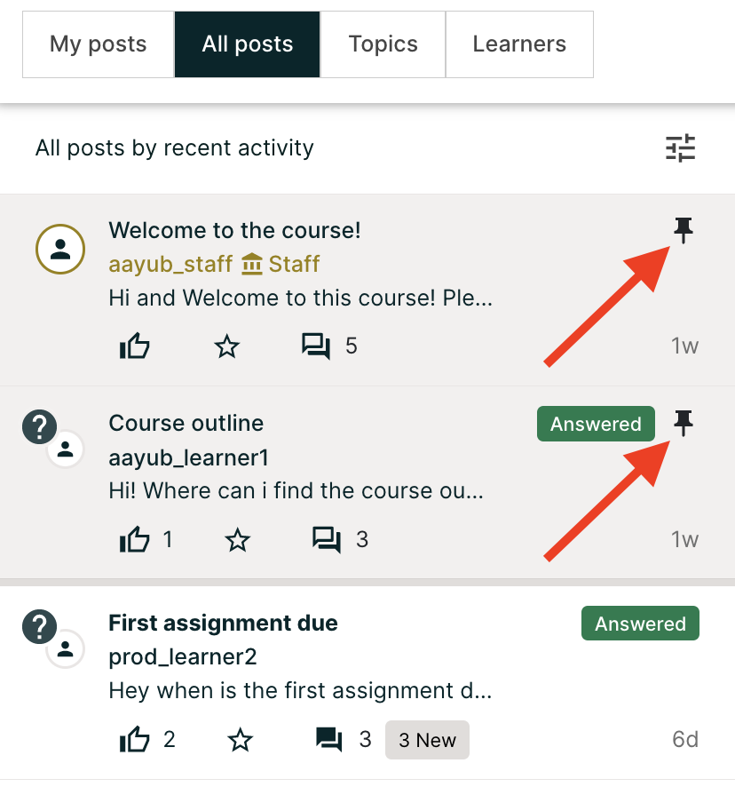 Discussion filters and sorting menu.