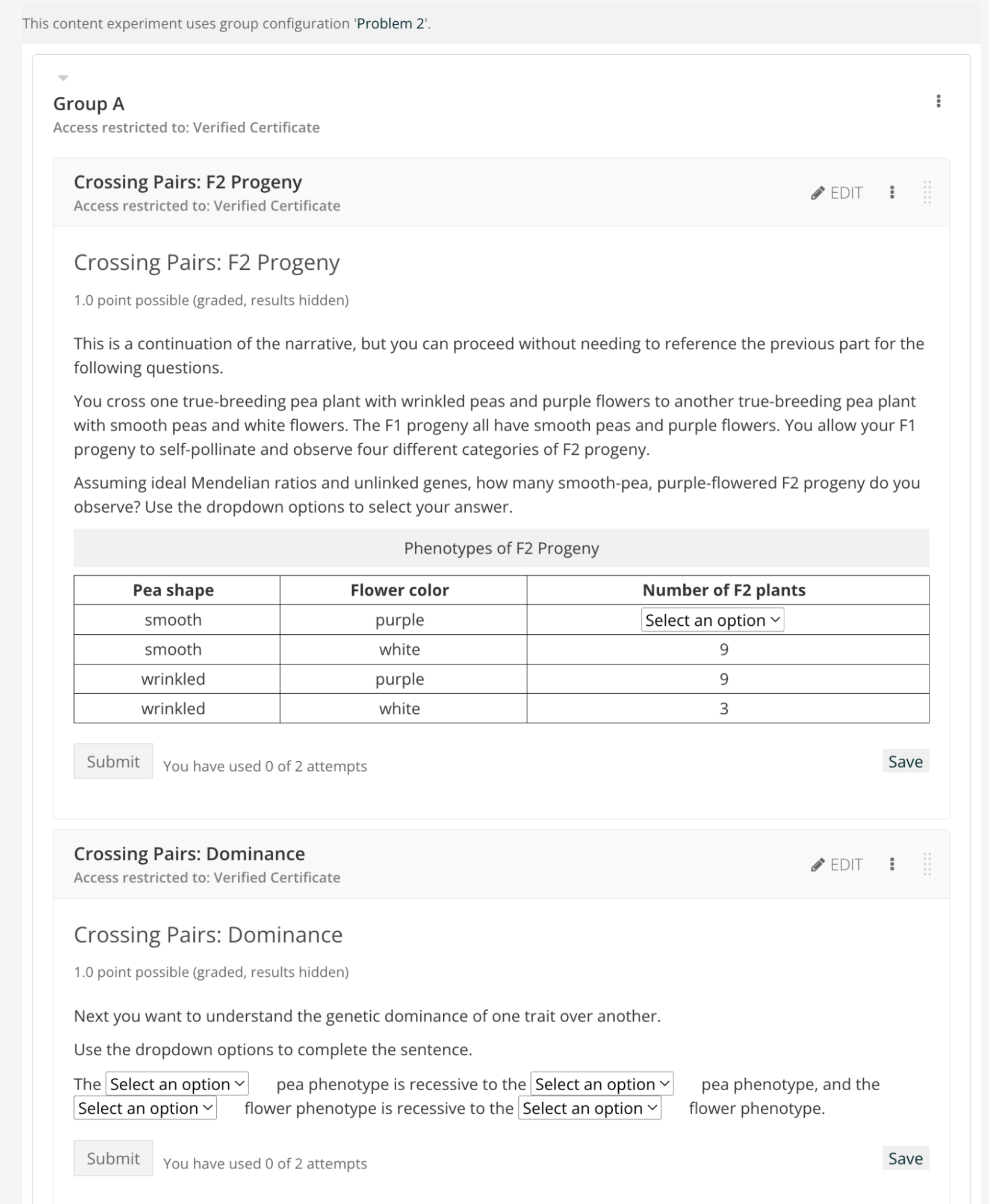 Two biology questions, one about F2 Progeny with a data set of four crossing options, three are filled in and one is a dropdown option. The second about crossing pairs dominance, four dropdown options related to recessive traits.