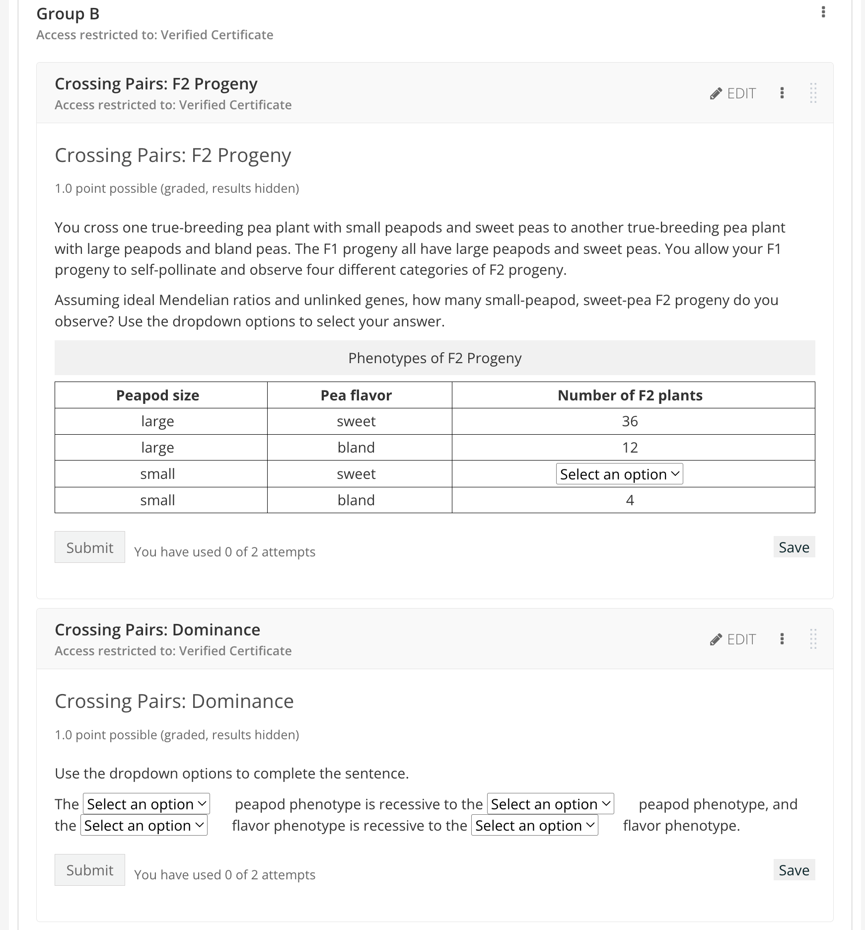 The same two biology questions, although in this iteration the F2 Progeny question uses a different data set. The second question is the same as Group A.