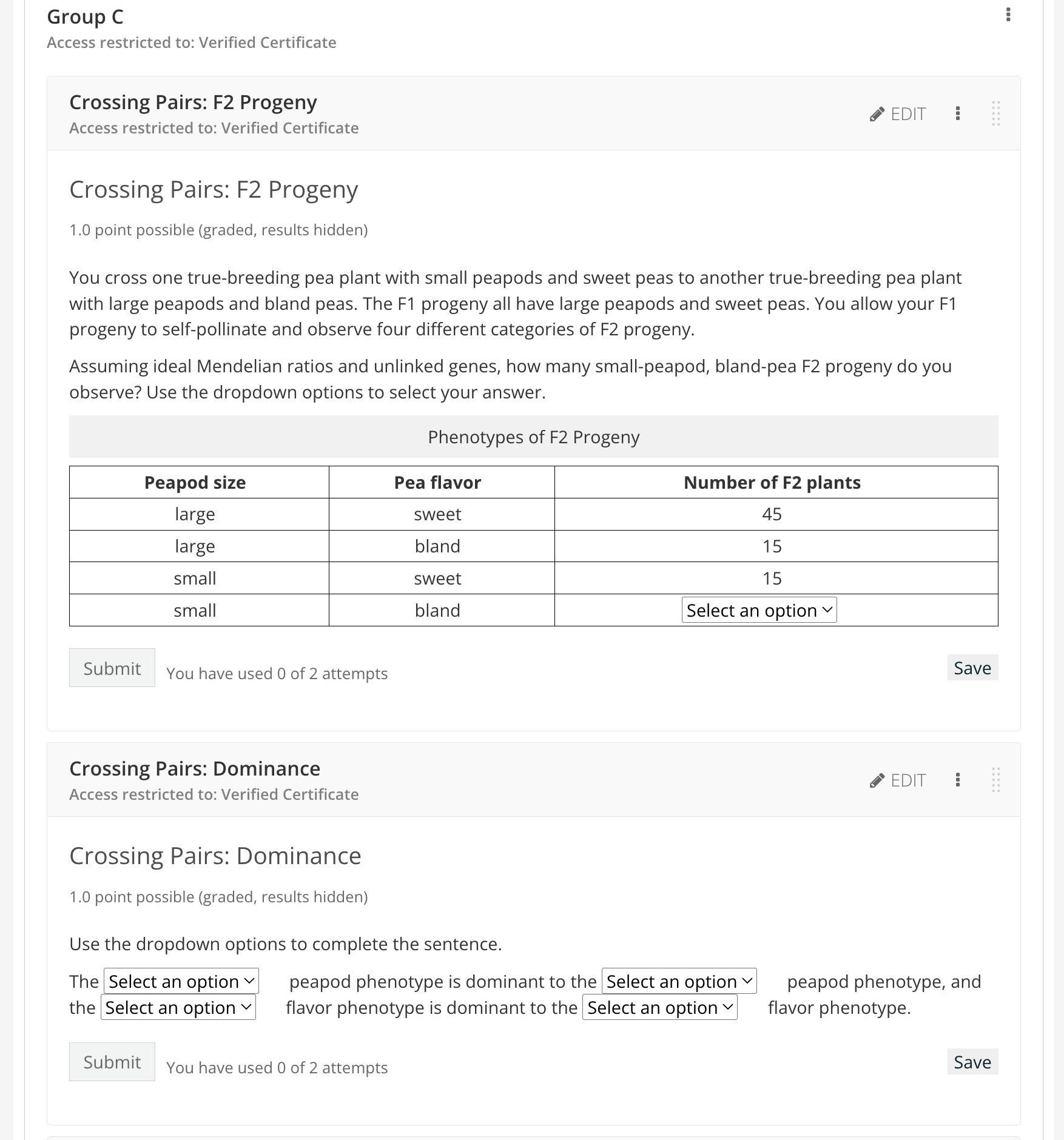 The same two biology questions, although in this iteration the F2 Progeny question uses a third data set. The second question asks about dominant, rather than recessive, traits.